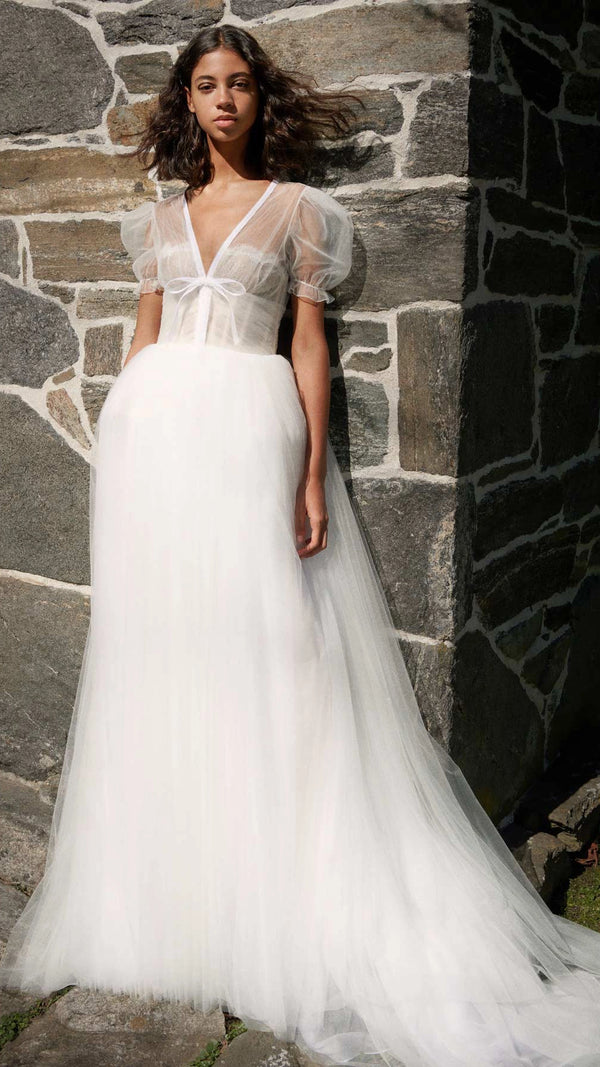 Shirred Tulle Gown Over Silk Organza with Chantilly Lace Trim
