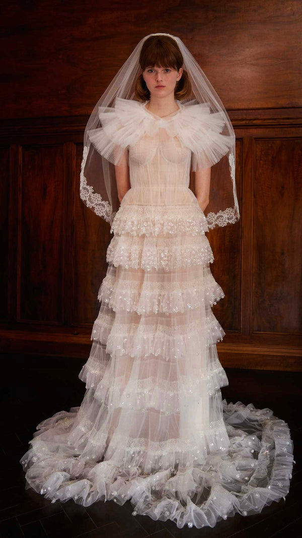 Accordion Pleated Tulle Sequin & Lace Tier Corset Gown