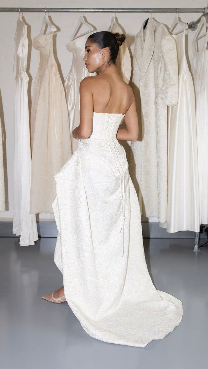 V Front Corset & Draped High Low Skirt in Brocade