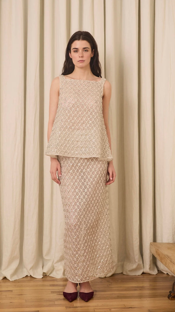 Amah Pencil Skirt in Crystal Lattice Embroidery