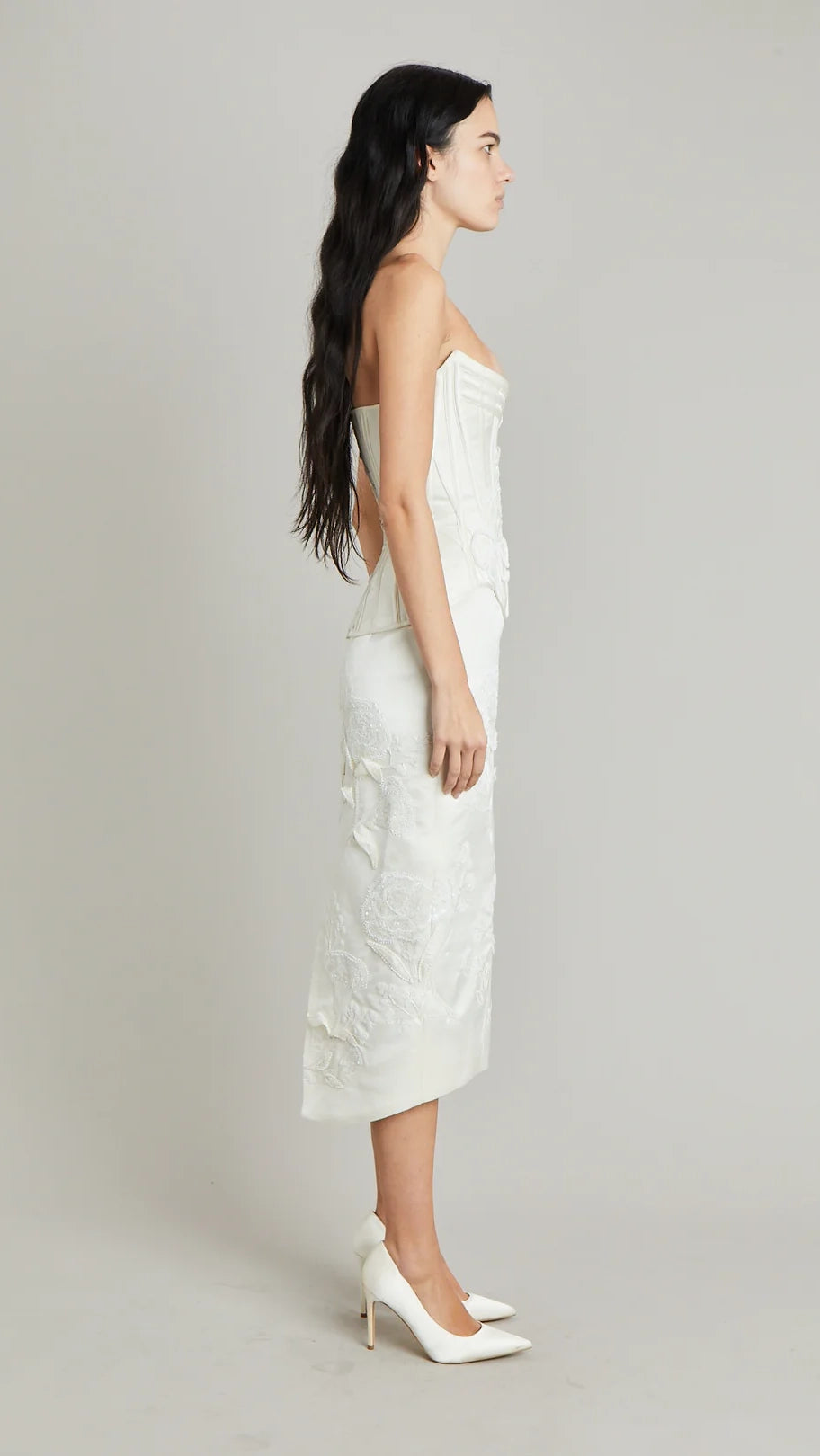 Long Pencil Skirt in Satin with Carnation Embroidery LOHO BRIDE