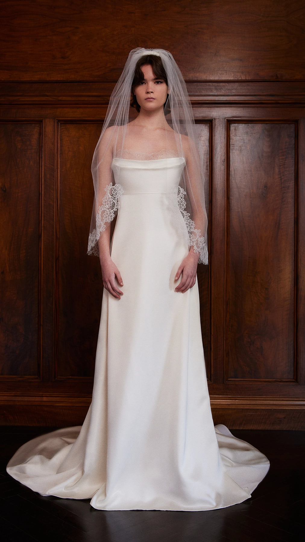 Duchess Satin A Line Gown with Iridescent Trim