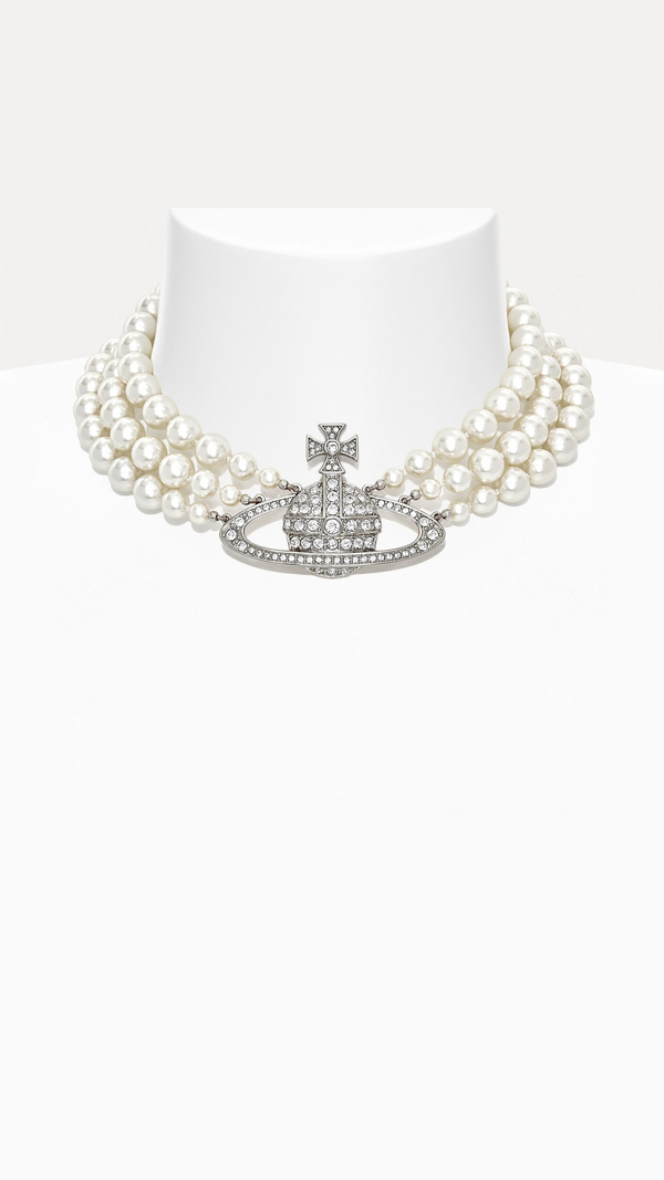 Three Row Pearl Bas Relief Choker (Silver Tone)